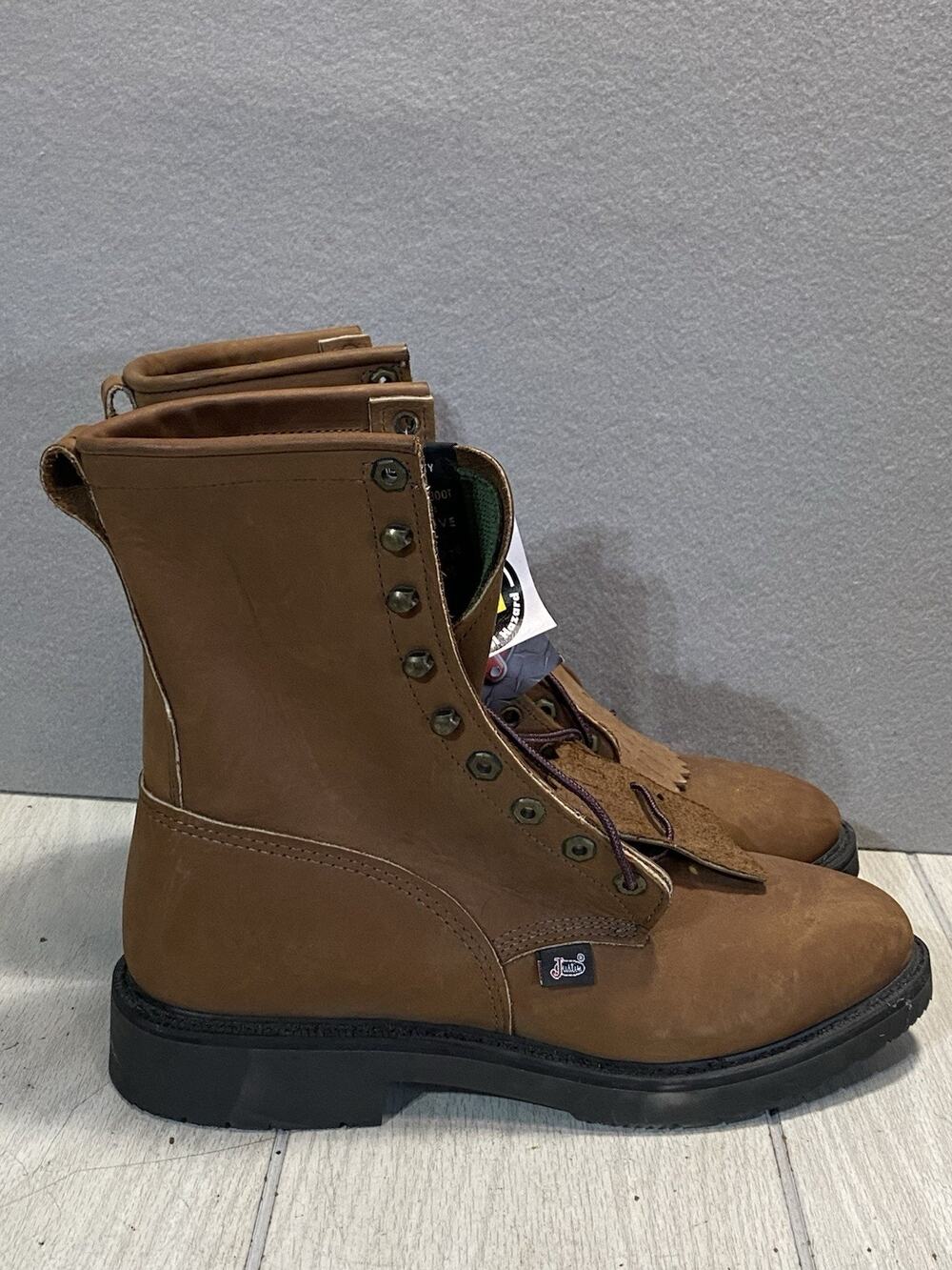 Justin 760 Work Boots 8” Aged Bark Brown USA MADE Electrical Hazard 10.5 D NEW
